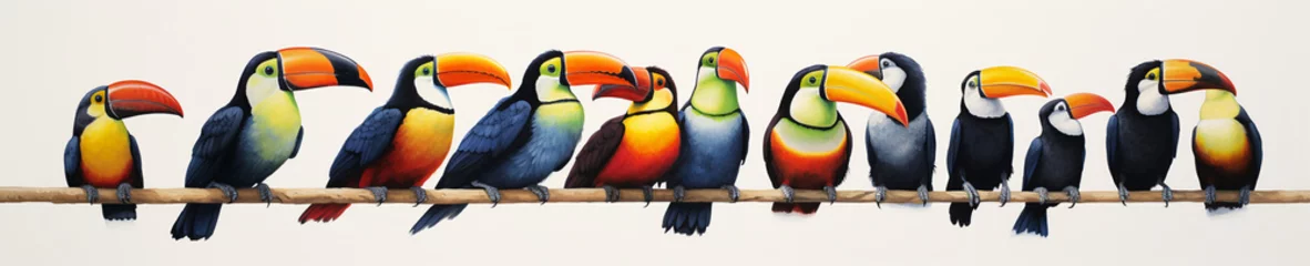 Foto op Aluminium A Minimal Watercolor Banner of a Row of Toucans on a White Background © Nathan Hutchcraft