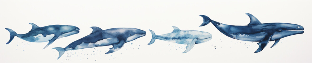 A Minimal Watercolor Banner of a Row of Whales on a White Background