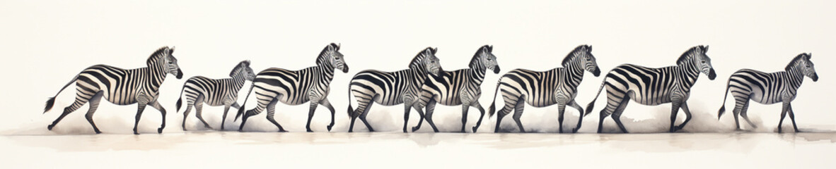 Fototapeta premium A Minimal Watercolor Banner of a Row of Zebras on a White Background