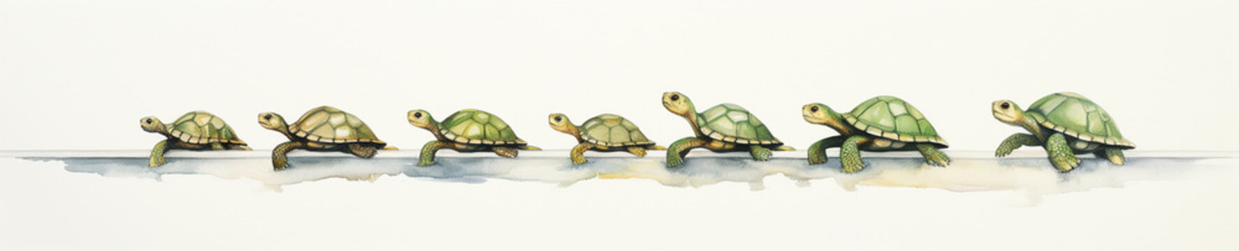 A Minimal Watercolor Banner of a Row of Turtles on a White Background