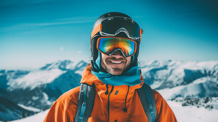 Fototapeta na wymiar Skier on a snowy slope in mountains