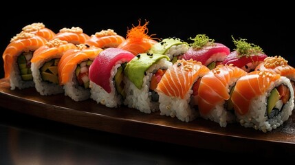 Front view of fresh sushi full of meat and vegetables on wooden table with black and blur background