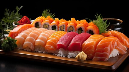 Front view of fresh sushi full of meat and vegetables on wooden table with black and blur background
