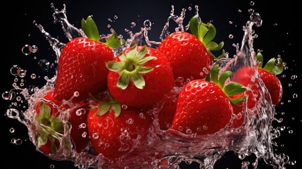 Front view of fresh red strawberry hit by water splash on black background and blur