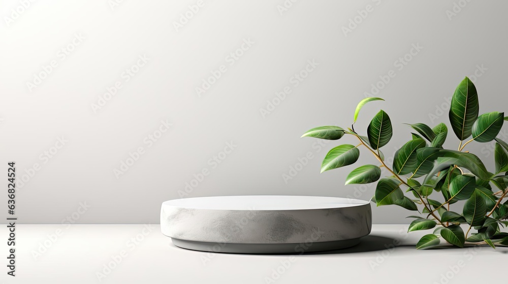 Wall mural front view of podium design for product display or product stand with leaf ornaments and minimalist 