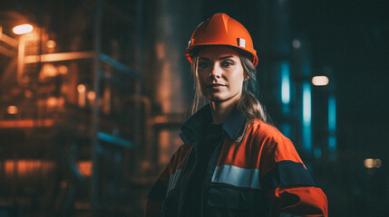 Woman standing in front of a big plant facility