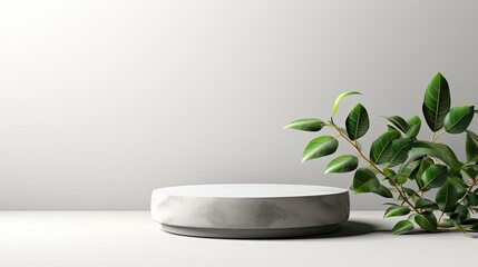 Front view of podium design for product display or product stand with leaf ornaments and minimalist background