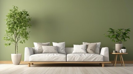 Front view of Modern living room interior with sofa and green leaf ornament and minimalist design