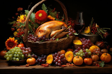 Obraz na płótnie Canvas Colorful autumn leaves and pumpkins decorate a rustic table setting for a joyful Thanksgiving celebration