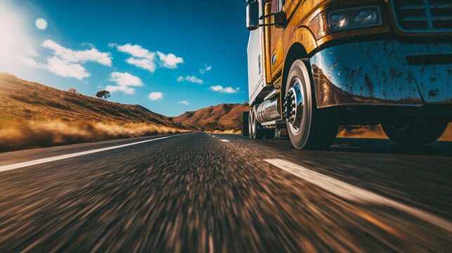 Extreme Close Up Of A Truck Driving Down A West Coast Road At Sunny Day