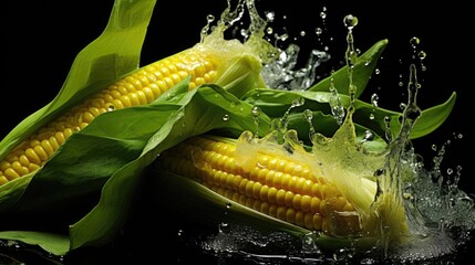 Front view of fresh corn exposed to water splash on black and blurry background