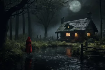 Papier Peint photo Lavable Route en forêt Grandma's House. Little Red Riding Hood and the Mysterious Cabin at Dark Forest.