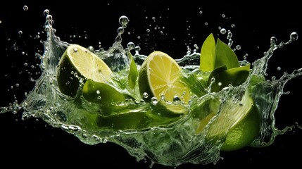 Front view of Fresh green limes splashed with water on black and blurred background
