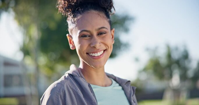 Happy, running and face of woman in park for fitness, cardio and sports performance. Workout, health and wellness with portrait of runner in nature for marathon training, challenge and exercise