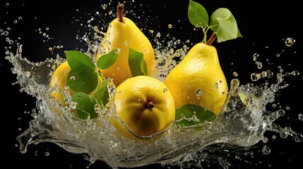 Front view of Fresh yellow pears splashed with water on a black, blurred background