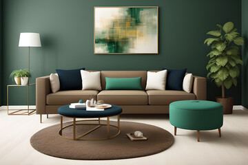 Luxury and modern home interior with design green sofa, navy commode, tables, pouf and accessroies. A lot of plants in the room. Abstract painting. Stylish decor of living room with brown parquet.