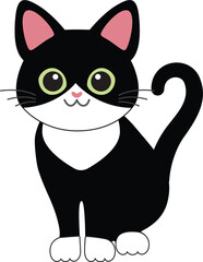 A Black and white bicolor cat sitting with green eyes.