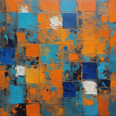 Closeup of abstract rough colorful blue orange multicolored art painting texture, with oil brushstroke, pallet knife paint, with square geometric print, complementary colors
