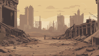 background image depicting a post-apocalyptic wasteland, with crumbling buildings, overgrown vegetation, and hints of a once thriving civilization. Vector illustration