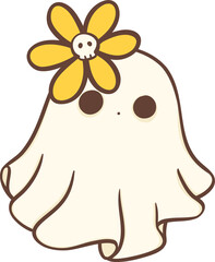 Cute Halloween ghost with flower outline, Kawaii retro spooky boo cartoon outline doodle illustration