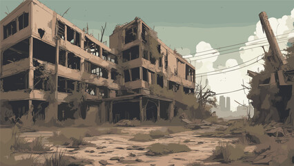 background image depicting a post-apocalyptic wasteland, with crumbling buildings, overgrown vegetation, and hints of a once thriving civilization. Vector illustration