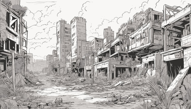 line art background image depicting a post-apocalyptic wasteland, with crumbling buildings, overgrown vegetation, and hints of a once thriving civilization. Vector illustration