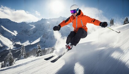 Skier jumping on a sunny mountain slope with professional equipment