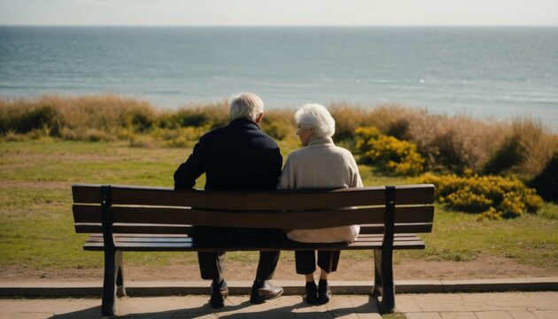 Elderly couple in love sitting on bench facing the sea