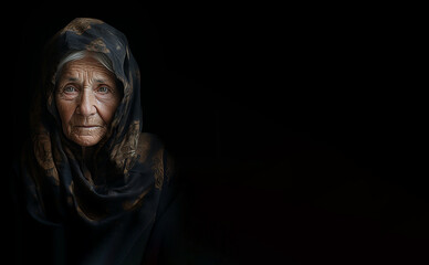 Close up portrait of elderly woman wearing scarf over the head, isolated on black. Copy space great for quotes and messages. 