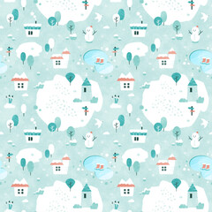 雪と家の冬の背景パターン 俯瞰風景イラスト（水彩シームレス）