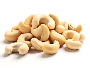 Heap of cashew nuts isolated on white background close up.