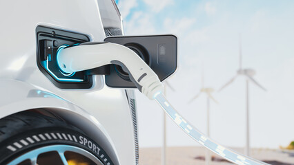 Electric vehicle charging port plugging in EV car. Parking with electric cars In the background is turbine that generates electricity. Green energy and technology concept. - obrazy, fototapety, plakaty