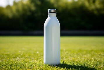 White plastic water bottle on green grass in the park, Selective focus
