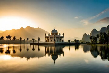 Fototapeta na wymiar Beautiful mosque in with amazing lake panorama, generative Ai