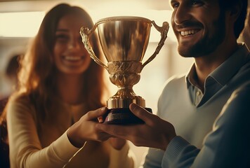 Close-up of a young couple holding a trophy in their hands