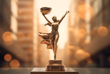 Golden trophy with a statue of a woman on the background of the city