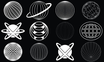 Globe grid spheres. Striped 3D spheres, geometry globe grid, earth latitude and longitude line grid vector symbols set. Spherical grid globe shapes
