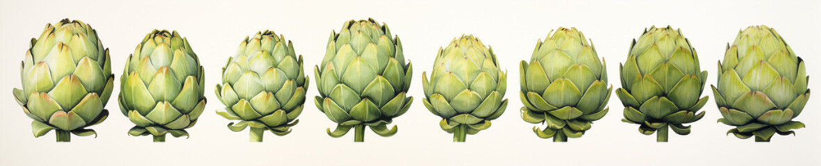 Obraz premium A Minimal Watercolor Banner of a Row of Artichokes on a White Background