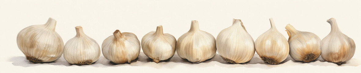 Obraz premium A Minimal Watercolor Banner of a Row of Garlic on a White Background