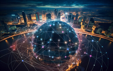 global network. An innovative system built by AI technology. Communication networks will revolutionize financial business, medical care, communities, and social behavior.