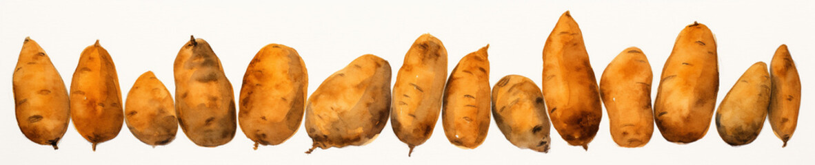 A Minimal Watercolor Banner of a Row of Sweet Potatoes on a White Background