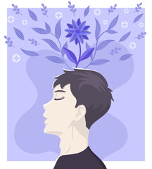 mental health concept illustration with relaxing boy and flower on his head