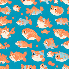 tileable pattern of cute funny baby cat kitten and fish combination creature in flat color style