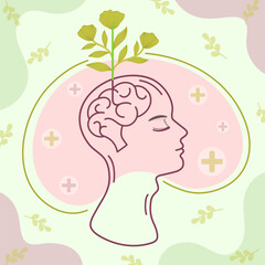 mental health illustration concept with flower logo and human brain for mental health day 