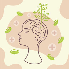 mental health illustration concept with flower logo and human brain