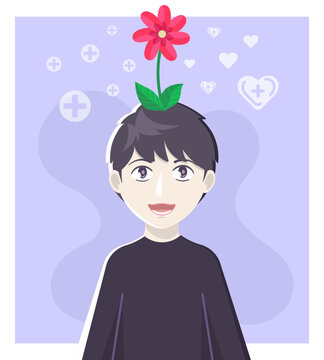 mental health concept illustration with happy boy and flower on his head