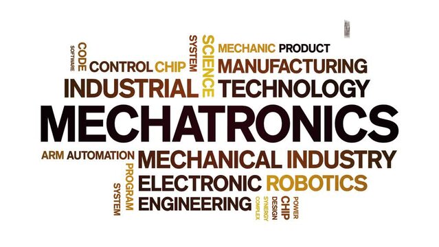 Mechatronics animated tag word cloud;text design animation kinetic typography seamless loop.