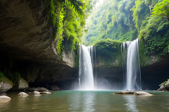a large waterfall in the middle of a lush green forest © Bounthasone