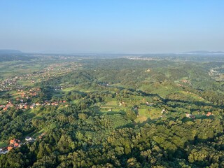 View of forests, fields, villages and Zagorje hills, during a panoramic balloon flight over Croatian Zagorje - Croatia (Panoramski let balonom iznad Hrvatskog zagorja - Hrvatska)