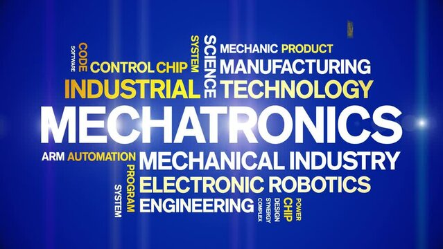 Mechatronics animated tag word cloud;text design animation kinetic typography seamless loop.